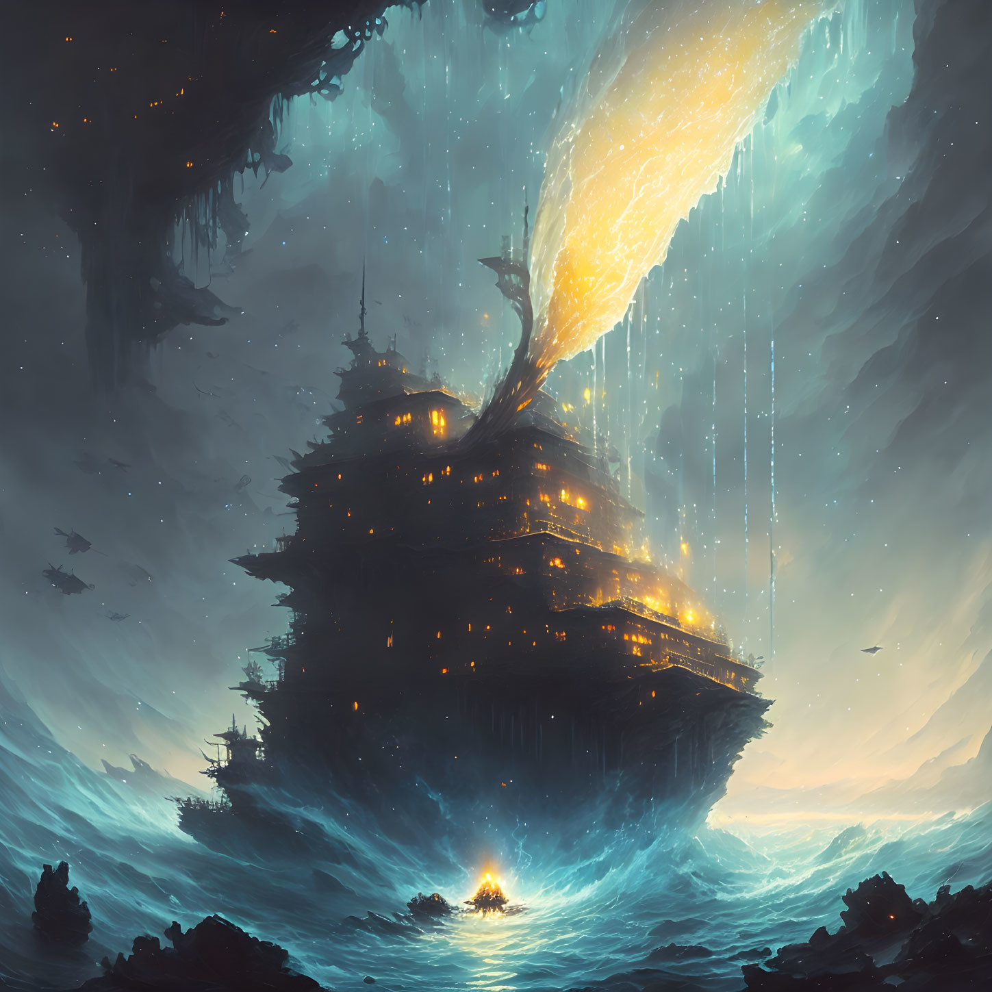 Fantasy fortress on sea with comet beacon