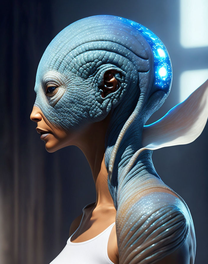 Blue-skinned humanoid with large eyes and elongated cranium in profile view