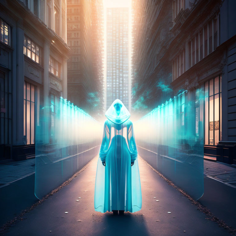 Futuristic figure in blue cloak with holographic wings in empty city street