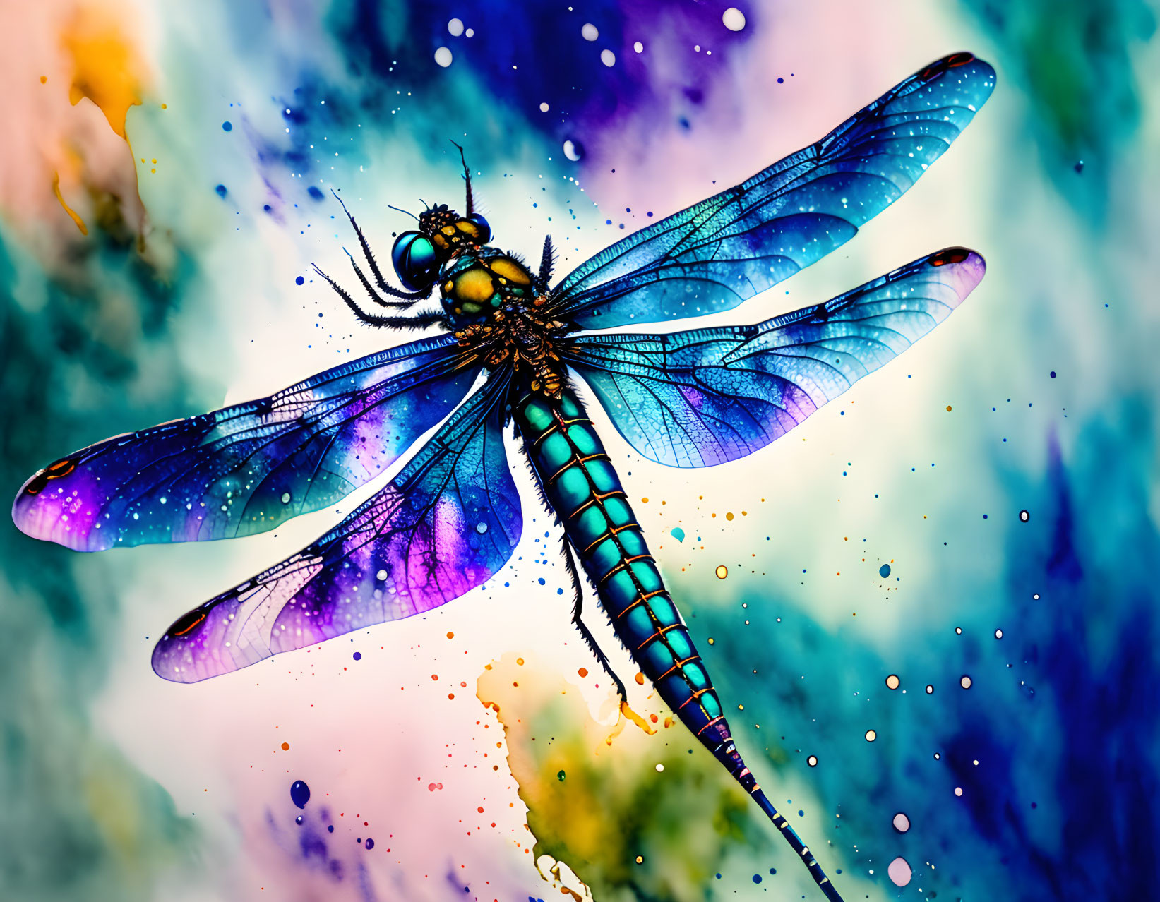 Colorful Dragonfly Artwork with Translucent Blue Wings on Splattered Paint Background