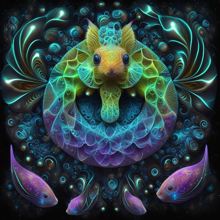 Colorful Psychedelic Digital Artwork with Luminous Cat and Cosmic Fish