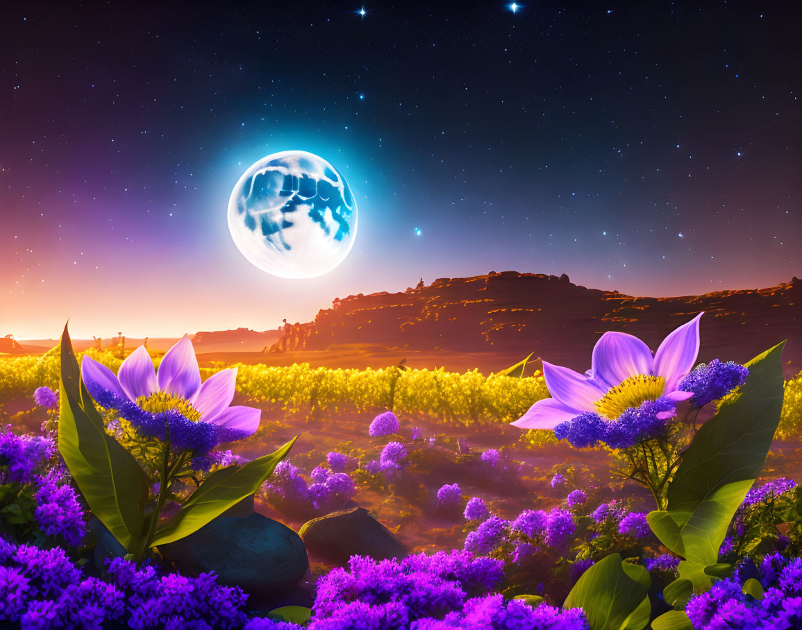 Digital artwork: Purple flowers, desert mesas, oversized moon in starry sky
