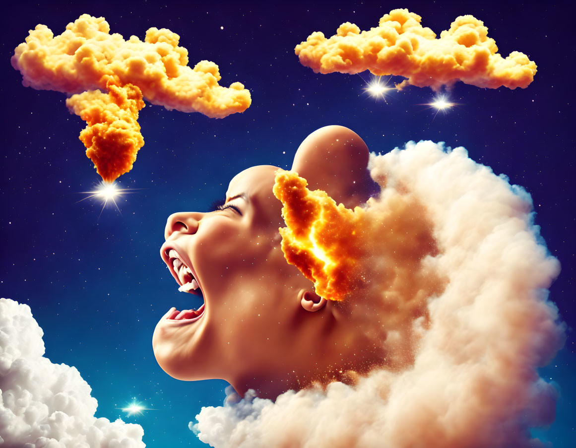 Child's face merging with clouds in surreal sky scene