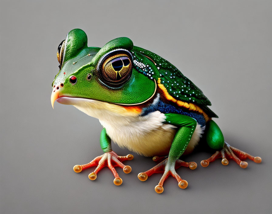 Digitally-rendered frog with intricate patterns and mechanical elements on neutral background