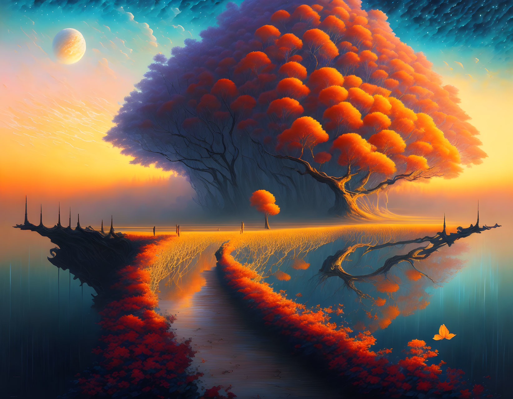 Vibrant orange tree on island with mirrored reflections, small bridge, and twilight moon.