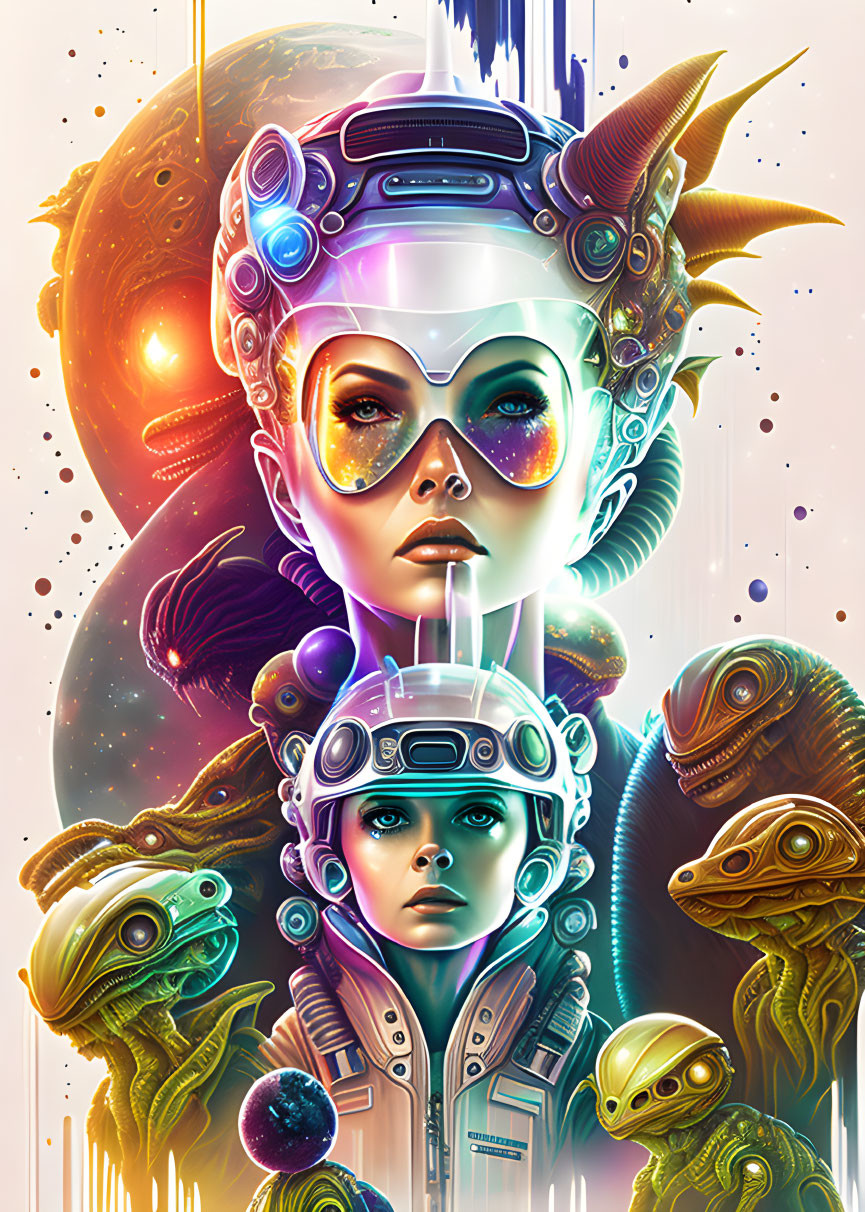 Colorful sci-fi illustration: humans in space helmets with aliens and celestial bodies