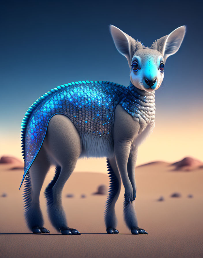 Blue-scaled kangaroo-like creature in desert twilight