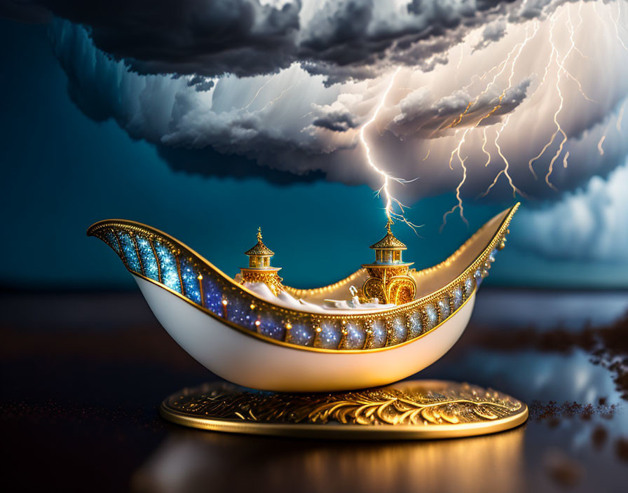 Ornate Fantasy Lamp Floating Under Dramatic Lightning Sky