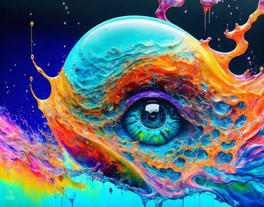 Colorful Eye Painting with Swirling Liquid on Dark Background