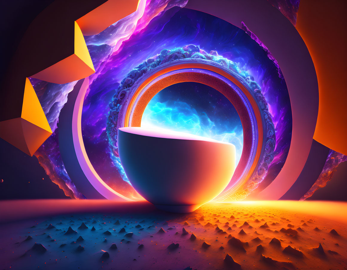 Surreal landscape with white bowl, neon portals, and geometric shapes