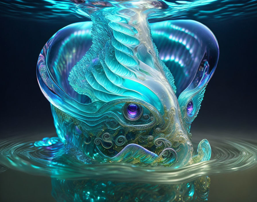 Fantastical aquatic creature emerging with intricate textures and iridescent colors