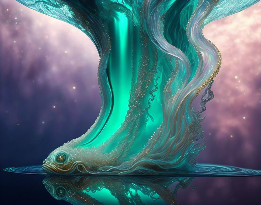 Illustration of giant aquatic creature with glowing, fluid body and flowing dress-like patterns