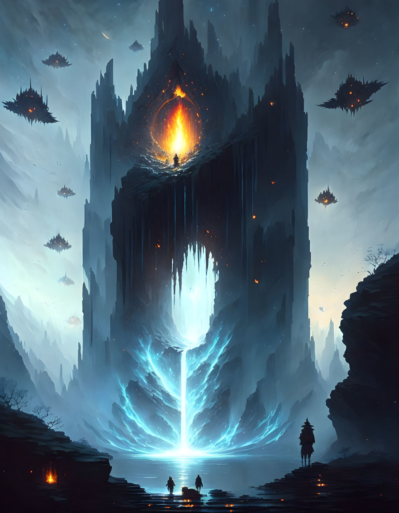 Fantasy landscape with crystal tower, glowing core, floating islands, and lone figure