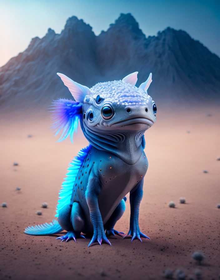 Blue accented lizard-fish creature in desert with mountains