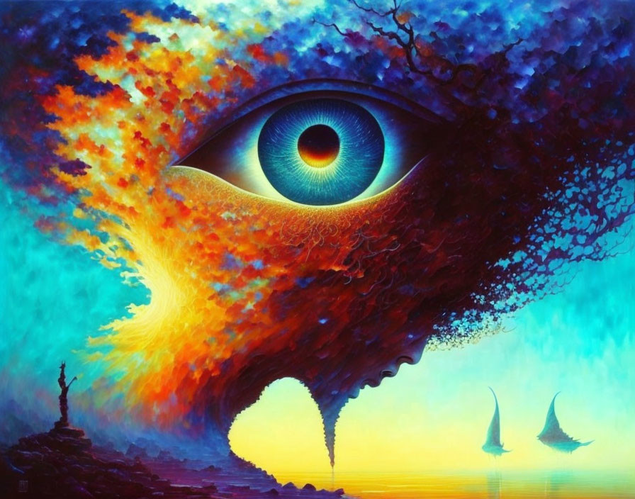 Surreal seascape with giant eye, fiery clouds, serene blue sky, and sailboats
