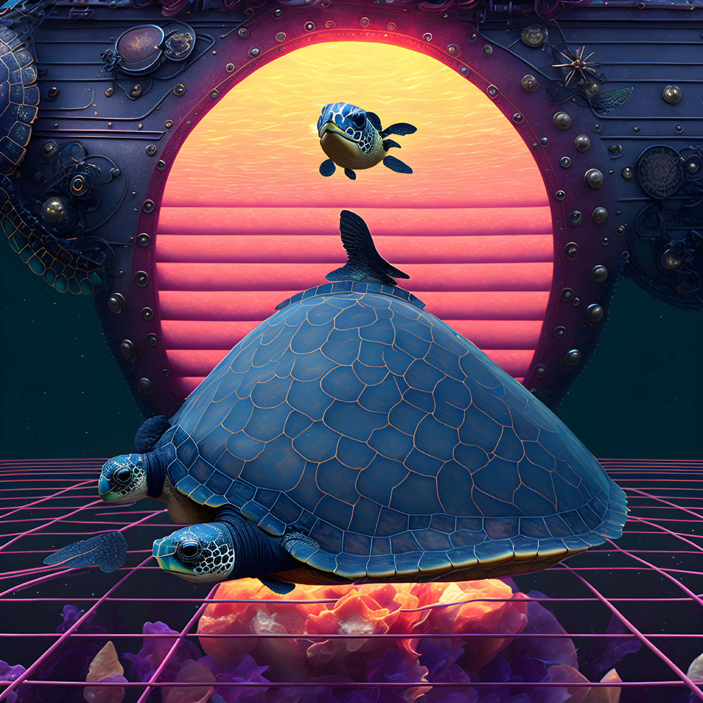 Digital artwork: Giant turtle with submarine porthole shell, neon grid, swimming turtles, striped fish