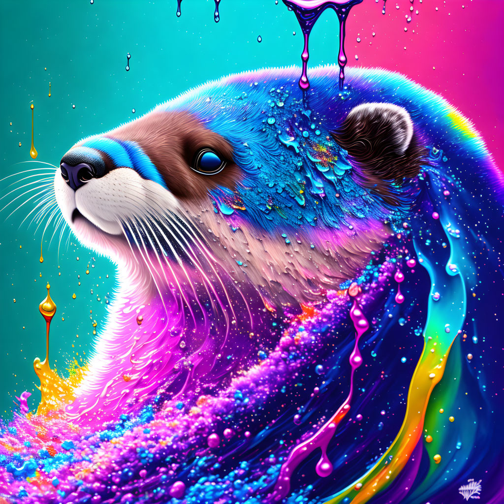 Colorful Otter Artwork with Liquid Droplets on Bright Background