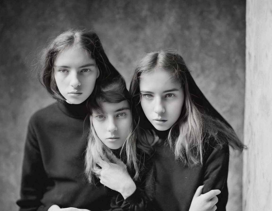 Three young girls in black attire with somber expressions huddled together.