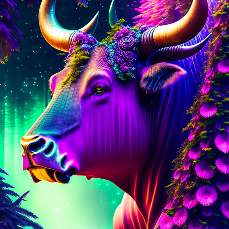 Vibrant purple and blue bull art in neon forest landscape