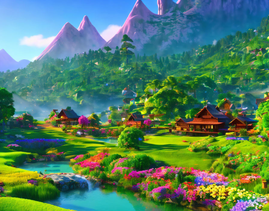 Scenic village landscape with lush greenery, river, and mountains