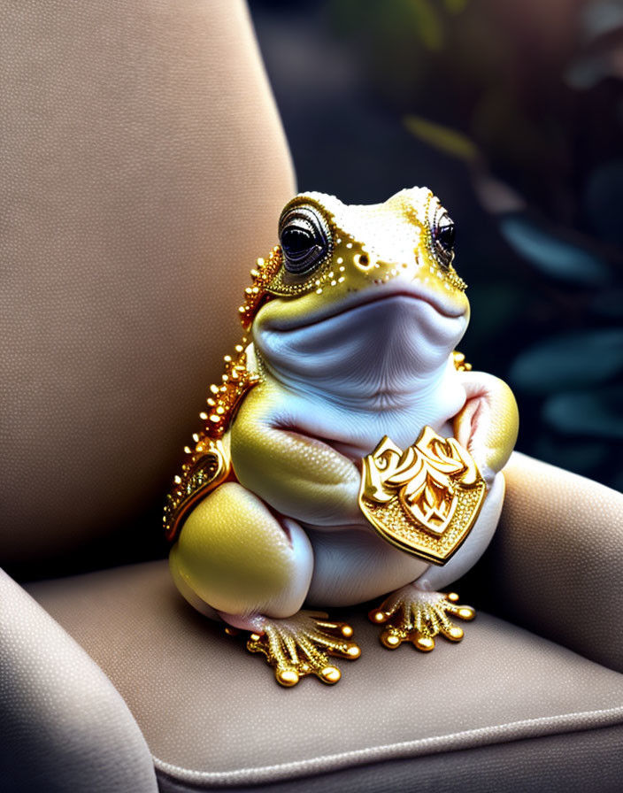 Golden Frog with Jewels on Leather Seat Illustration