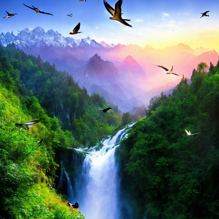 Scenic landscape with waterfall, green hills, pink sky, birds, and mountain peaks