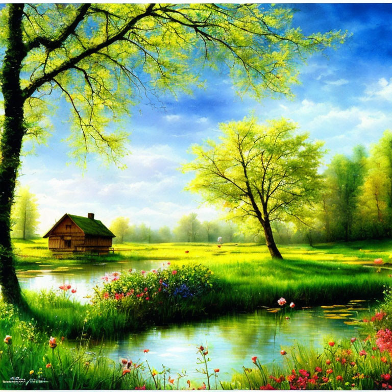 Tranquil lake, lush trees, colorful flora, wooden cabin in serene landscape