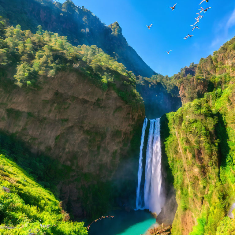 Majestic waterfall cascading into tranquil pool amid lush greenery