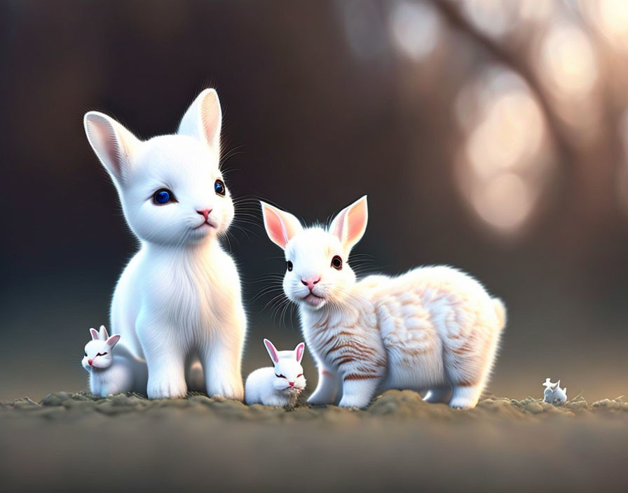 Fantasy animals with kitten and bunny features surrounded by tiny creatures on warm background