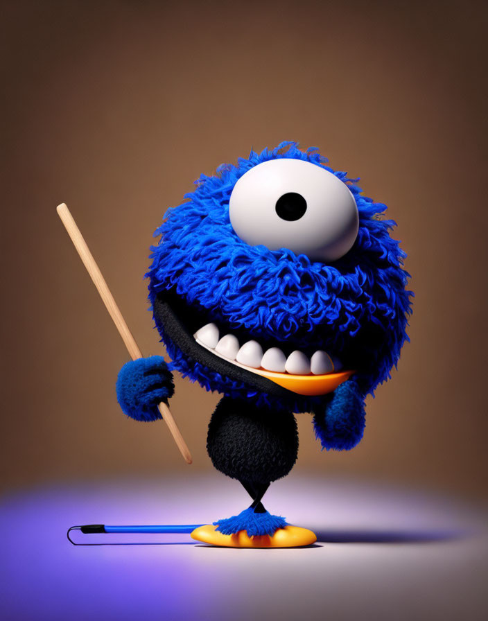 Blue furry creature with drumstick and baton on orange feet in brown background