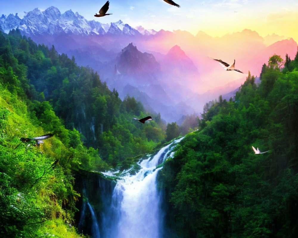 Scenic landscape with waterfall, green hills, pink sky, birds, and mountain peaks