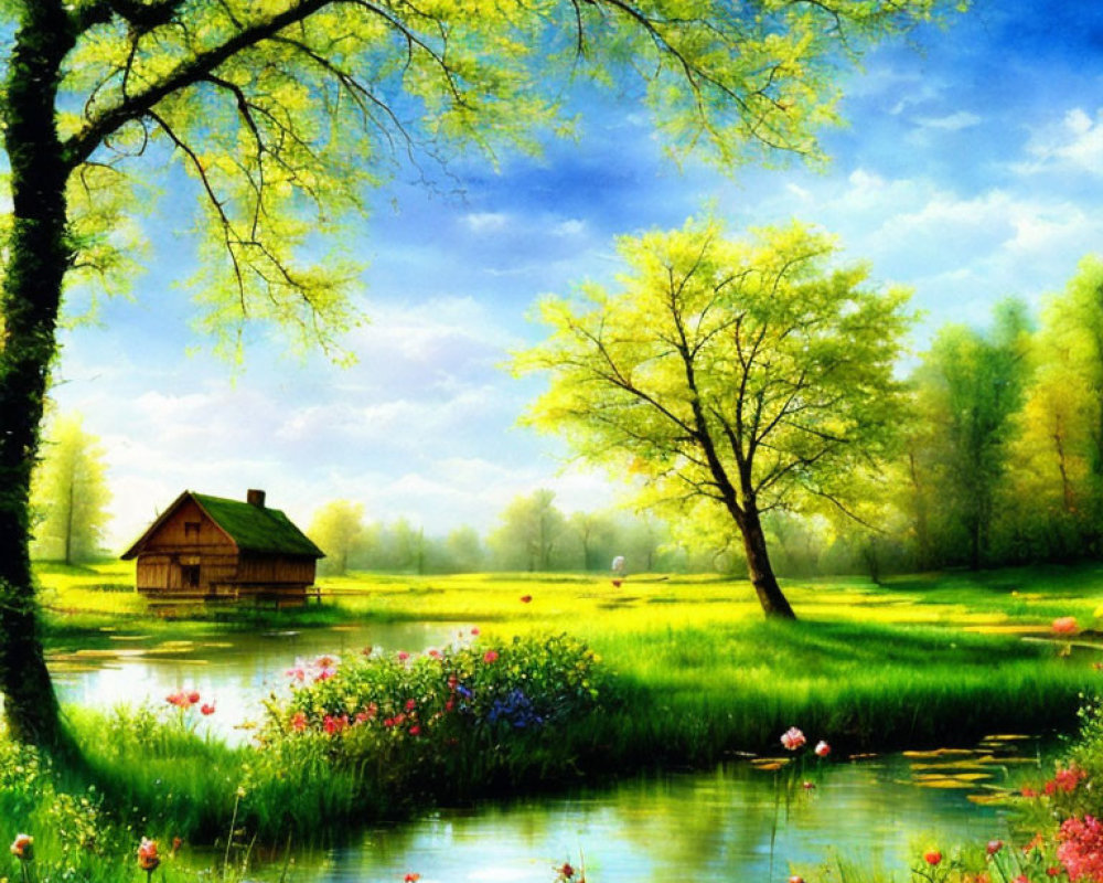 Tranquil lake, lush trees, colorful flora, wooden cabin in serene landscape