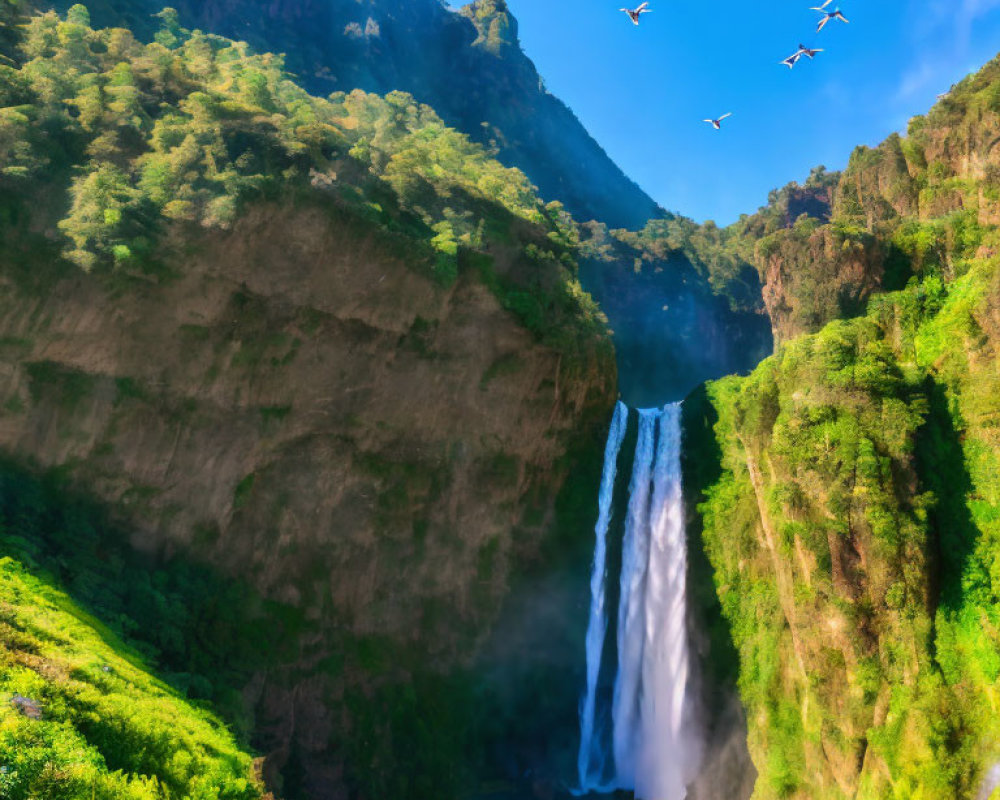 Majestic waterfall cascading into tranquil pool amid lush greenery