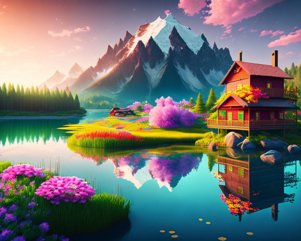 Scenic lakeside view with wooden house, colorful flowers, and mountains