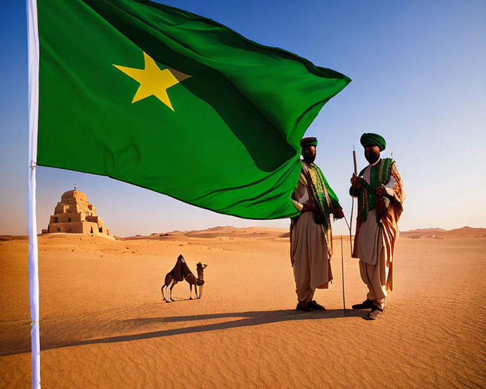 Two people in traditional attire with flag, camel, and desert structure.