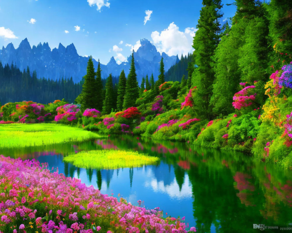 Colorful flowers, greenery, lake, mountains under clear sky