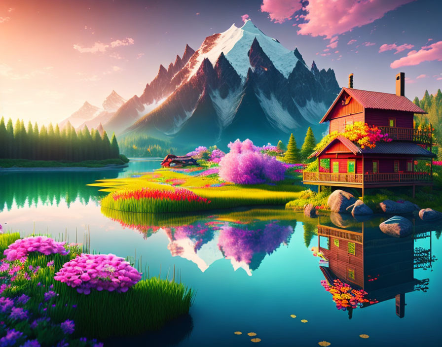 Scenic lakeside view with wooden house, colorful flowers, and mountains