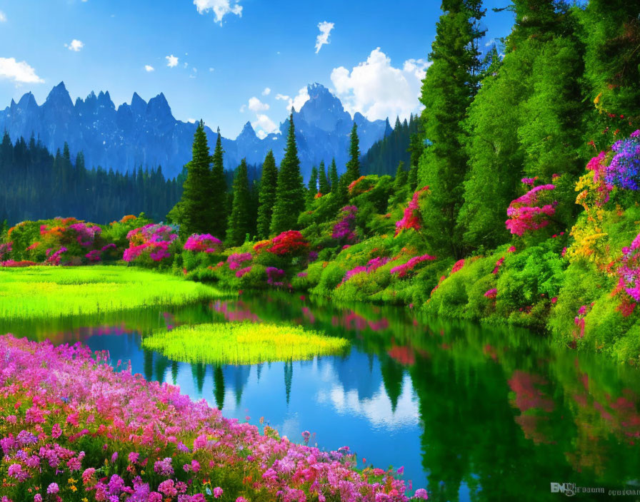 Colorful flowers, greenery, lake, mountains under clear sky