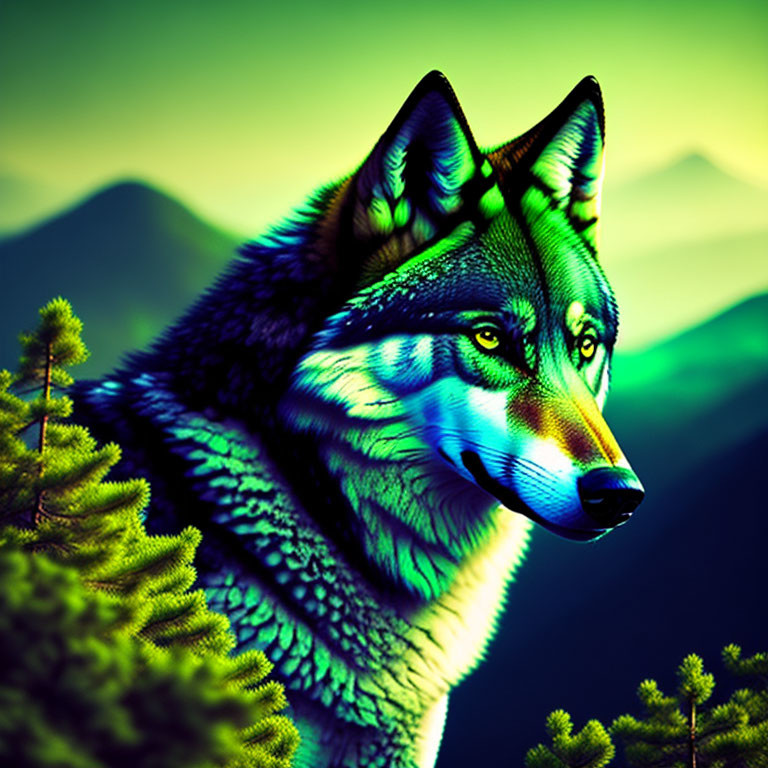 Digital art: Wolf head fused with forest landscape under neon aurora sky