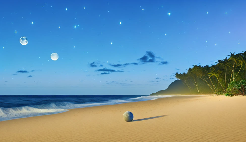 Tranquil Beach Scene at Twilight with Stars, Crescent Moon, Volleyball, Waves, and Green