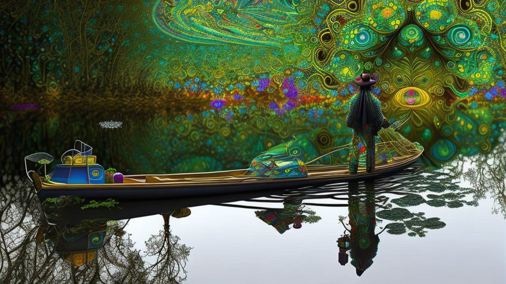 Vibrant surreal landscape with mirrored water, gondola, figure in cloak, and fractal