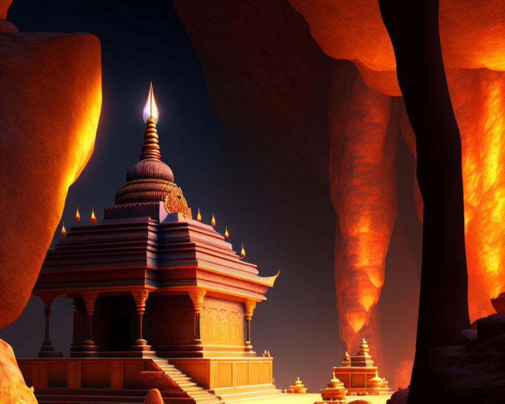 Illuminated temple with spired roof nestled among orange rock formations at dusk