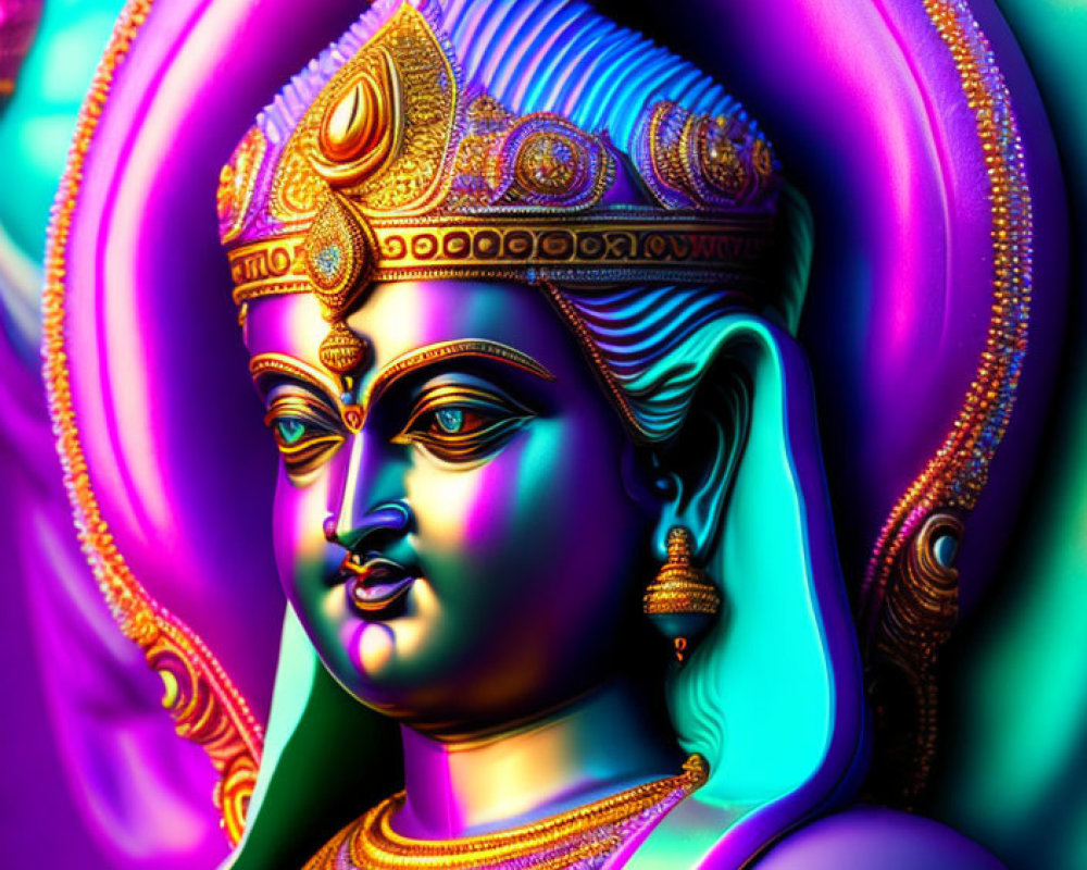 Vibrant digital deity art with traditional accessories on psychedelic backdrop