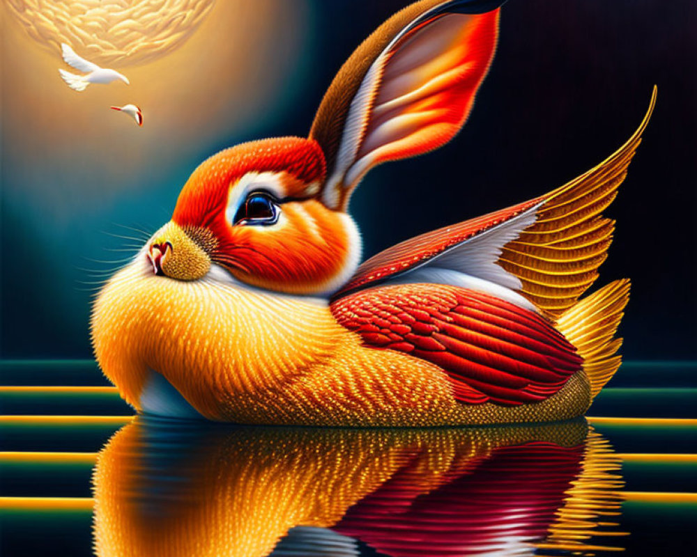 Digital Art: Winged rabbit with feathers in golden light by water under moonlit sky