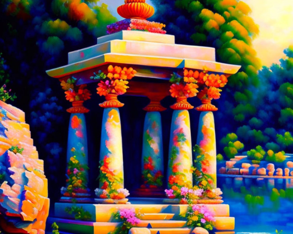 Colorful painting of a lakeside gazebo surrounded by nature and flowers