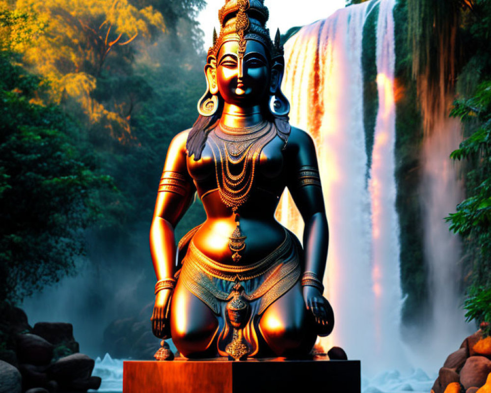 Bronze Hindu deity statue by waterfall at sunset