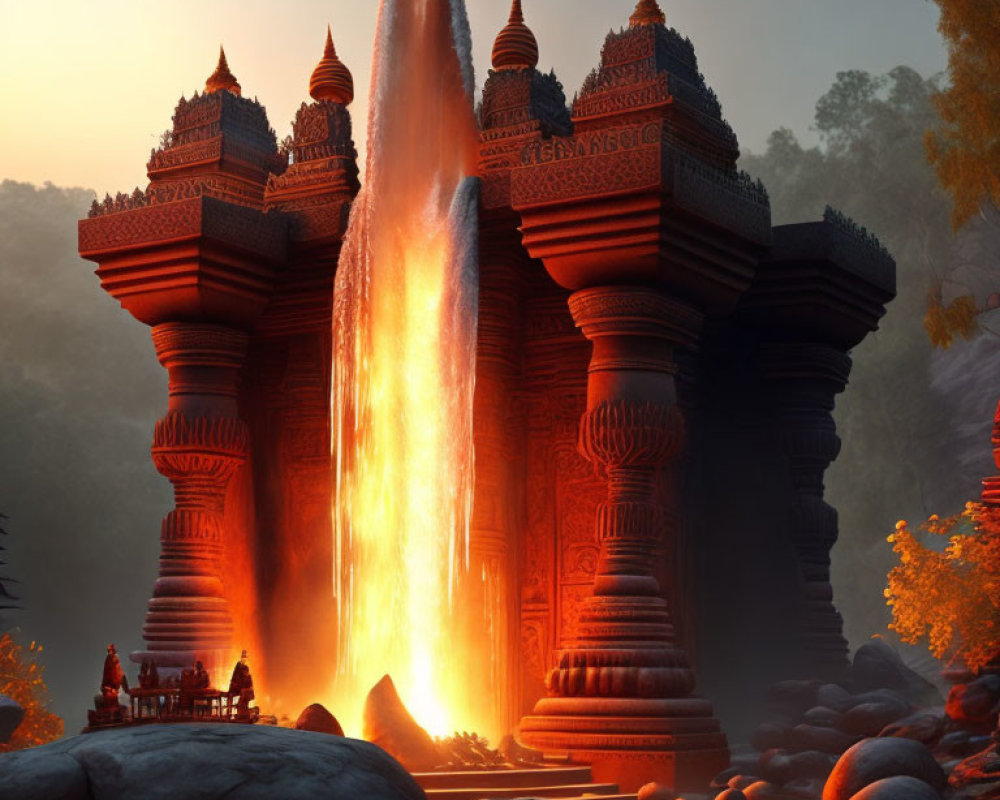 Mystical lava waterfall at ancient temple in autumn forest at dusk