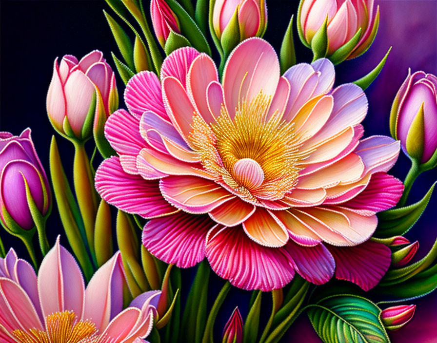 Colorful Close-Up of Pink and White Blossoming Flower on Dark Background