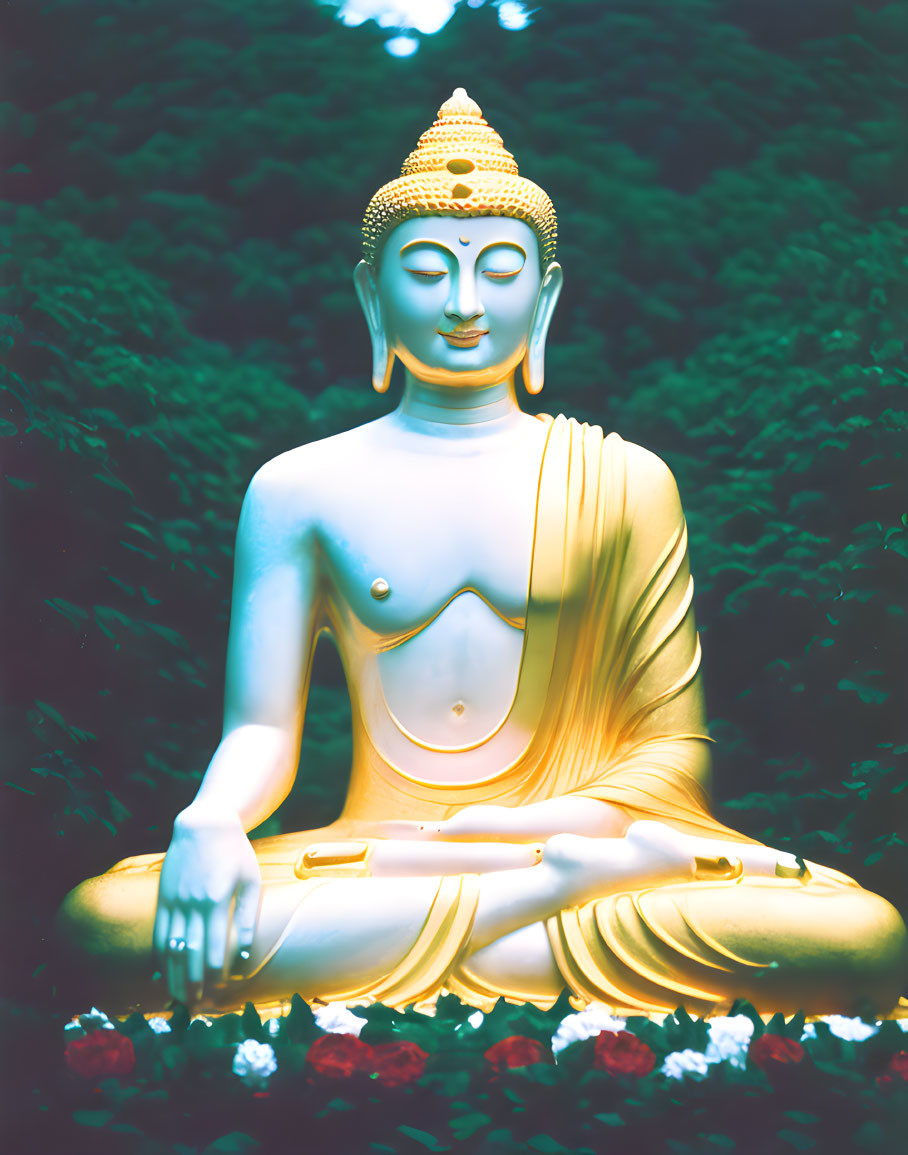 Gold-accented Buddha statue in meditation against dark, leafy backdrop