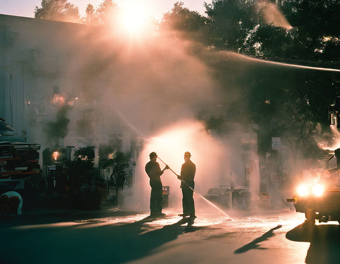 Firefighters spraying water on sunlit street with emergency vehicles nearby